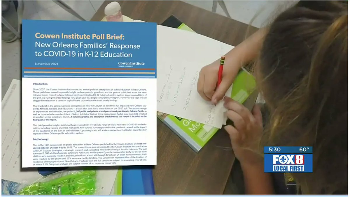 CowenInstitute's tweet photo. Featured on @fox8news, latest poll brief examining how COVID-19 impacted New Orleans families &amp; educators.

Our policy director Vincent Rossmeier, spoke w/Olivia Vidal about the latest findings .
See the segment:: https://t.co/ZSpq30Z5hf
Full report. https://t.co/1ehzMoRg5K https://t.co/RfihsrcUMq