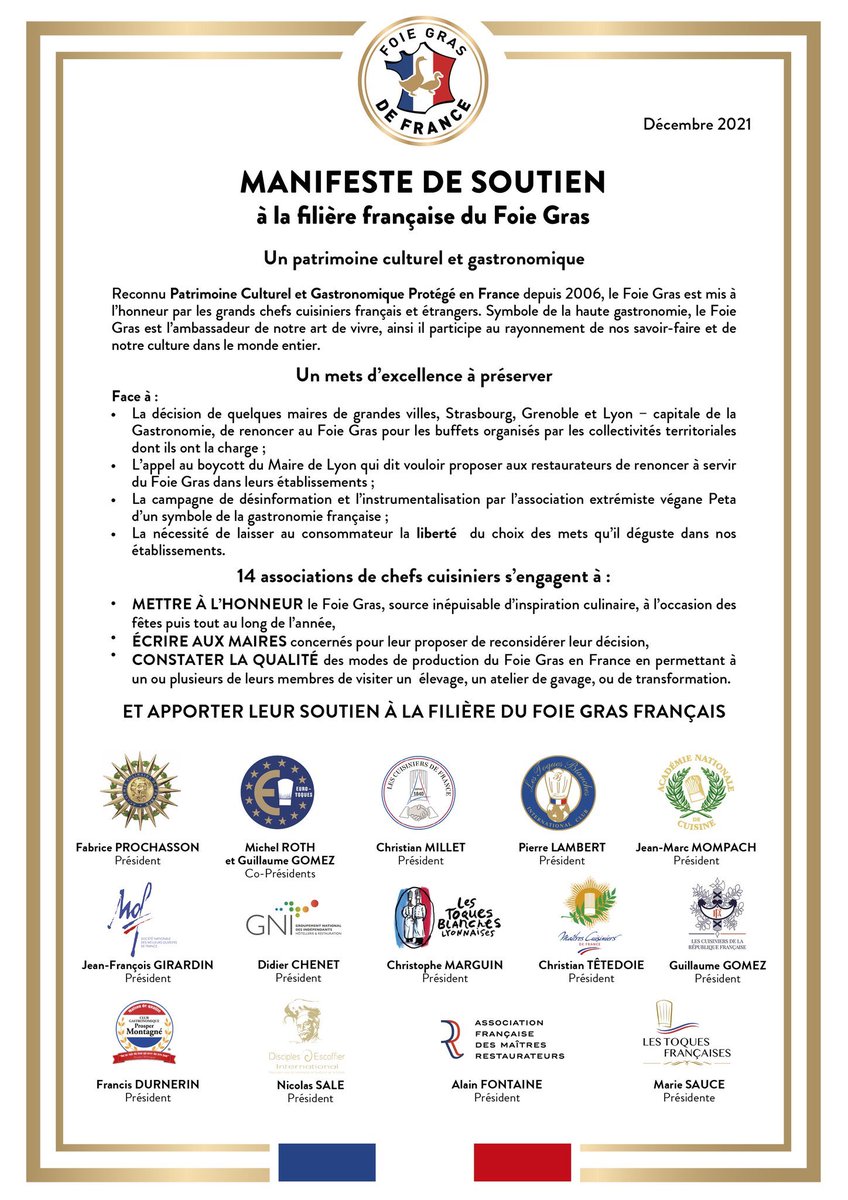 14 associations de chefs se prononcent pour affirmer leur soutien à la filière française du foie gras