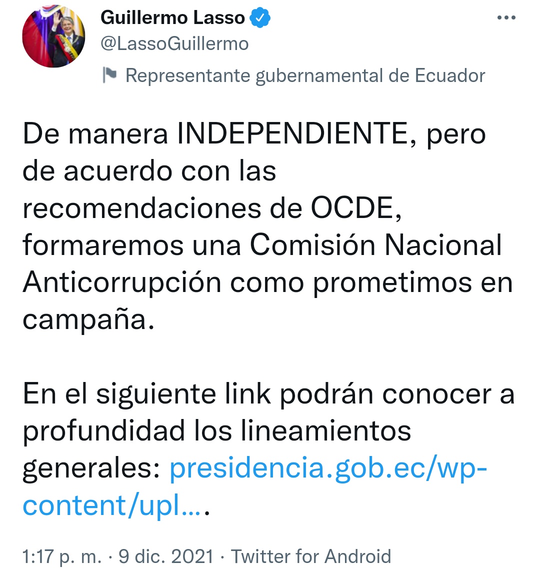 ecuainm_oficial's tweet photo. ▶️#ATENCIÓN Presidente @LassoGuillermo anuncia la creación de Comisión Nacional Anticorrupción, como parte de propuesta de campaña.👇 https://t.co/RFB65dWBNh