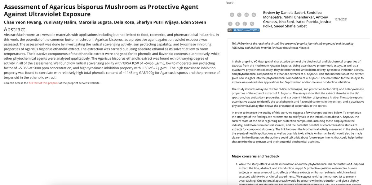 PREreview_'s tweet photo. Rapid & Full PREreviews are published from our #LivePREJC with @ASAPbio_ Preprint Reviewers Network where we reviewed the #preprint *Assessment of Agaricus bisporus Mushroom as Protective Agent Against Ultraviolet Exposure*.
Thanks everyone!
https://t.co/0SgO3xLx2T https://t.co/Aa1leZPBjM
