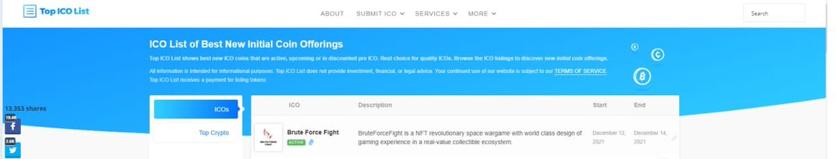 🔥 Hey #BruteForceFight Community 🔥
🎉 We're happy to announce that #BruteForceFight on TopIcoList 🚀 #Metaverse #NFTGaming #ICO #BSC 

📈  TopIcoList #BruteForceFight
topicolist.com/brute-force-fi…

 ✅Audits&amp;KYC: bruteforcefight.com

👉 WL Form: bruteforcefight.com/whitelistairdr…