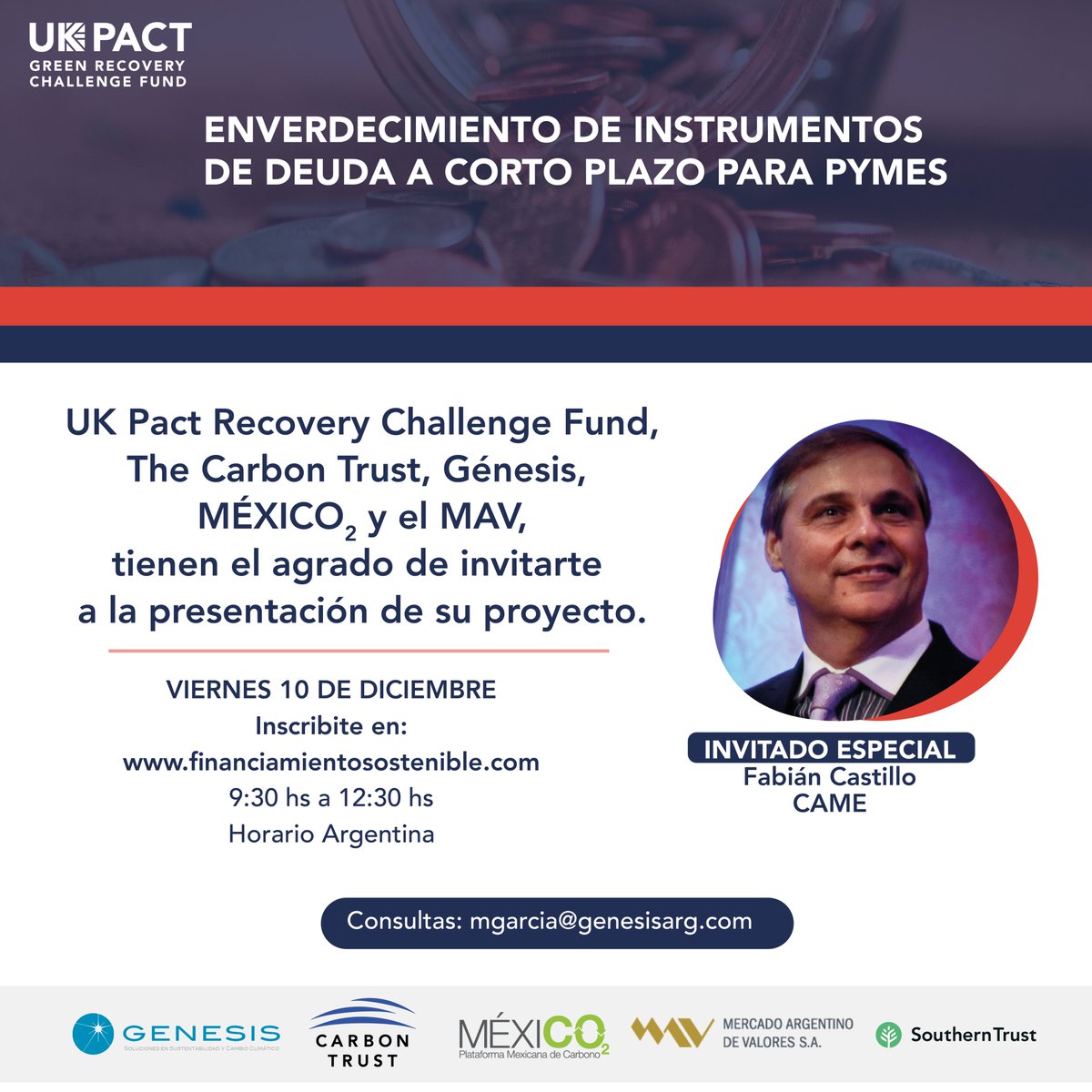 genesissustain's tweet image. Mañana te esperamos para la presentación del proyecto &quot;Enverdecimiento de instrumentos de deuda a corto plazo para PYMES&quot;, organizado por @genesissustain, @mexico2_pmc  y @thecarbontrust.
 
Viernes 10 de diciembre, de 9:30 a 12:30 (ARG 🇦🇷)
Inscripción: bit.ly/3xQqRnU