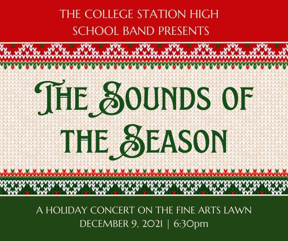 Our bands will be performing a holiday concert this evening outside the fine arts wing. We invite everyone to come out and join us in getting into the holiday spirit. 6:30pm start.