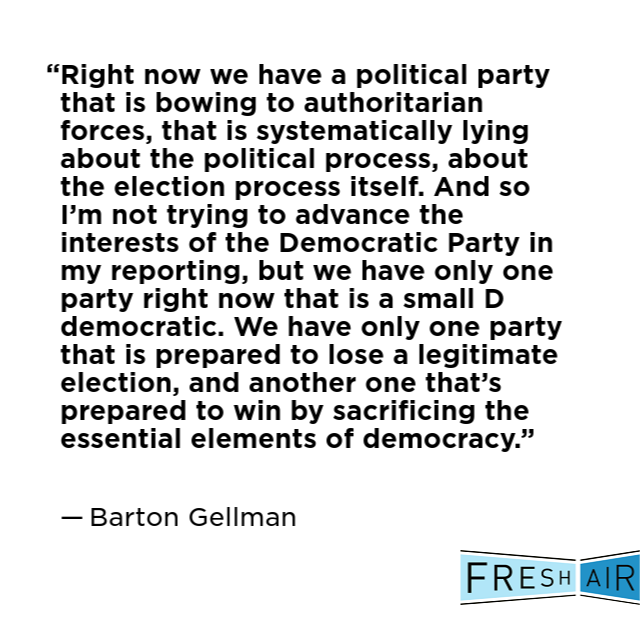 nprfreshair's tweet photo. Pulitzer Prize-winning journalist @bartongellman says with democracy in peril, his approach to journalism is changing. We're accustomed to journalists not taking sides in a political dispute, "but what we're for, as journalists, is democracy."

Listen: https://t.co/Dglbdt5AJS https://t.co/QybJETiTYW