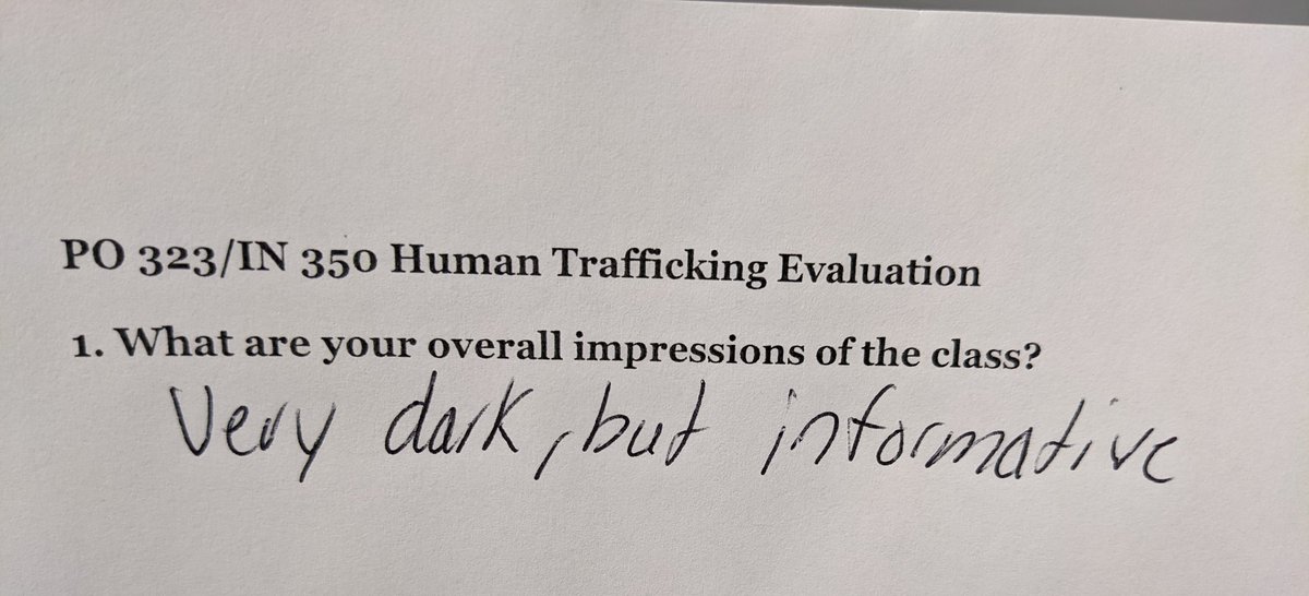 proflauradean's tweet photo. Last day of classes today @MillikinU and I asked my students to give feedback on the course structure, assignments, and readings to help me when I teach the class again in two years. I think this sums up my human trafficking class well...
#HumanTrafficking #PerformanceLearning https://t.co/cVGV4uHOmu