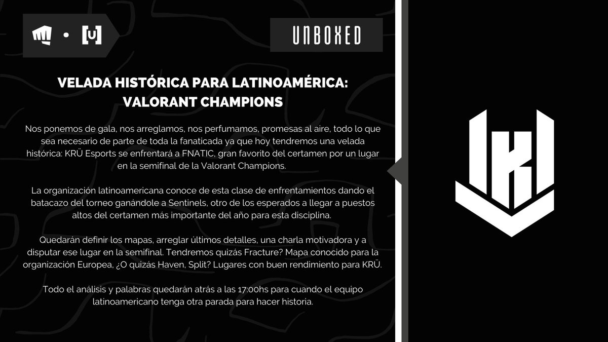 #UXNow | Tenemos velada histórica: Nos vestimos de gala para ver <a href="/KRUesports/">KRÜ</a> 🆚 <a href="/FNATIC/">FNATIC</a> por un lugar en la semifinal de la <a href="/ValorantEsports/">VALORANT Champions Tour</a> Champions 🏆⠀
⠀
#VALORANTChampions #Valorant