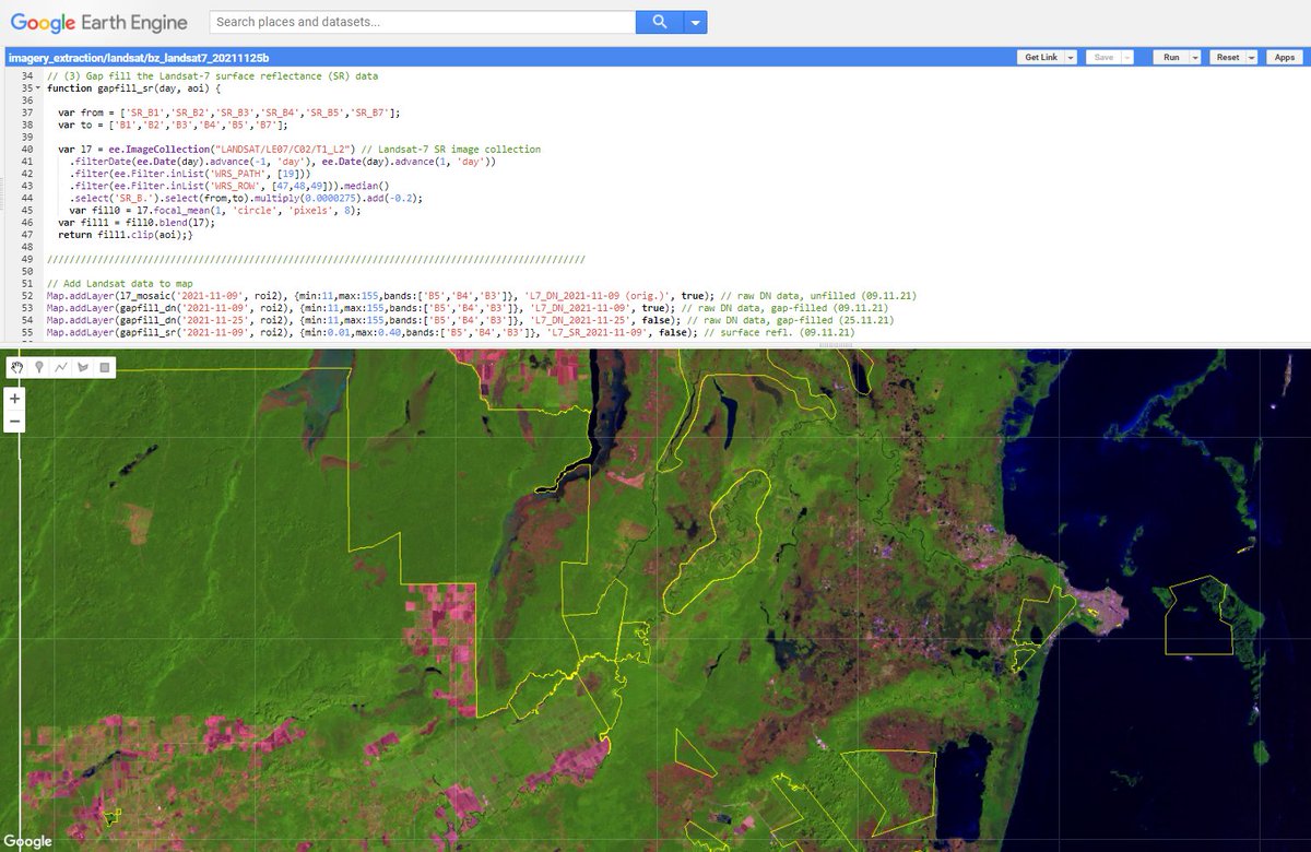 BzGEO's tweet photo. In the spirit of #EarthObservation #OpenScience, here's the #EarthEngine code for generating the #Belize 🇧🇿 mosaic using #Landsat #OpenData. 🧐 

https://t.co/3cZAhG9oi2
https://t.co/fFEkQnCB5e https://t.co/8FZFyAmxM4