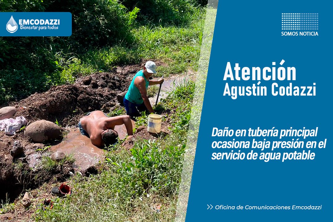 emcodazzi's tweet photo. #Atentos 📣

Debido a daños en una de las tuberías principales del sistema de acueducto del municipio de Agustín Codazzi, estamos presentando baja presión de agua en los diferentes sectores. 
Nuestro equipo operativo se encuentra trabajando para dar una pronta solución. https://t.co/sg4cP8oEkP
