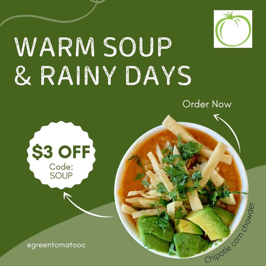 GreenTomatoOC's tweet photo. It's a No Rainer 😜
~
Today only!🌧️
$3 off any order that includes a soup or a stew
~
*1 discount valid per transaction
#greentomatogrill #smallbusiness #glutenfree #yelpoc #ocfoodie
#vegan #healthy https://t.co/dnpSKF8IkR