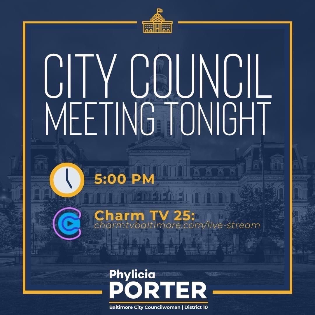 🔜  City Council Meeting TONIGHT — dial in and join us! 👇🏾
Phone: 1-408-418-9388
Access Code: 179 710 1225
Password: Baltimore
WebEx: buff.ly/2VTqZV8