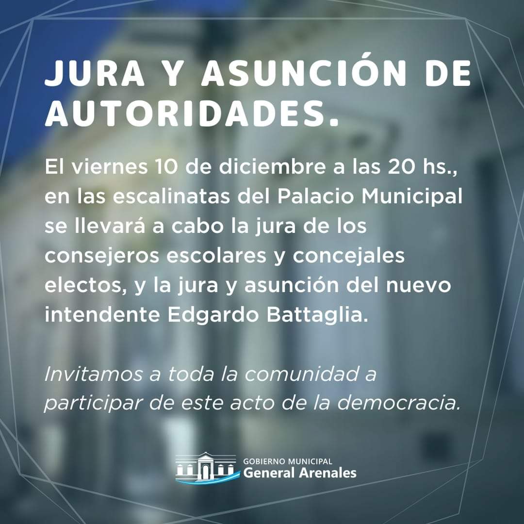 juntosarenales's tweet photo. Invitamos a toda la comunidad a ser parte de esta fiesta de la democracia, con la jura y asunción de los nuevos consejeros escolares y concejales electos y el nuevo intendente Edgardo Battaglia.

Viernes 10 de diciembre, 20 hs., en las escalinatas del Palacio Municipal. https://t.co/hpFeO2Dw5v