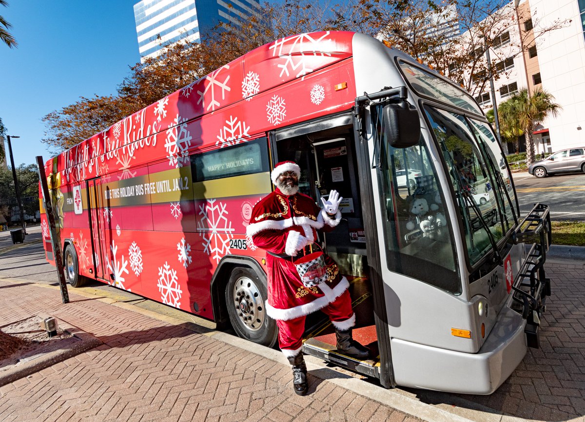 JTAFLA's tweet photo. This holiday season, look out for the JTA Holiday Bus! Driven by Santa, this bus will be around Jacksonville with holiday music and decorations. Your ride is FREE if the Holiday Bus is on your route. 

Please remember to also wear your mask on board per TSA guidelines. https://t.co/XPoT6qMENy