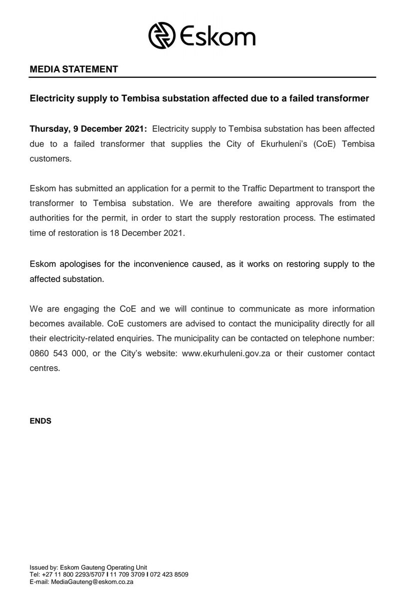 Eskom_SA's tweet image. #EskomGauteng #MediaStatement
Electricity supply to Tembisa substation affected due to a failed transformer