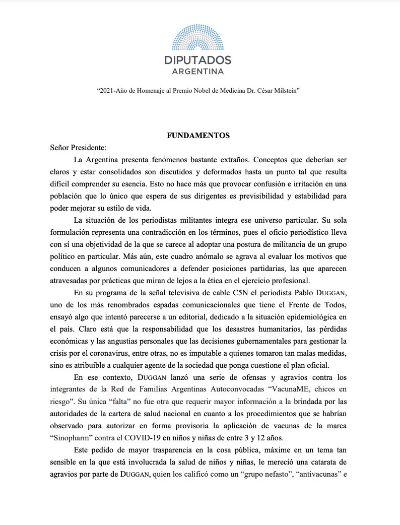 enriquezjorge's tweet photo. He presentado un proyecto expresando mi más enérgico repudio contra las ofensas que el periodista  @pabloduggan profirió en el programa “Desafío 20.21” emitido en la señal televisiva @C5N a los integrantes
de la Red de Familias Argentinas Autoconvocadas @vacuna_me | @prodiputados https://t.co/f2WaWD8Ccj