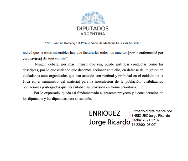 enriquezjorge's tweet photo. He presentado un proyecto expresando mi más enérgico repudio contra las ofensas que el periodista  @pabloduggan profirió en el programa “Desafío 20.21” emitido en la señal televisiva @C5N a los integrantes
de la Red de Familias Argentinas Autoconvocadas @vacuna_me | @prodiputados https://t.co/f2WaWD8Ccj