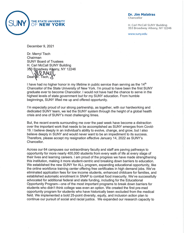 Jon Campbell On Twitter Here S The Full Resignation Letter From Suny Chancellor Jim Malatras A One Time Member Of Andrew Cuomo S Inner Circle Who Had Been Facing Calls For His Ouster Https T Co Xccbqbknn6 Jon Campbell On Twitter Here S The Full Resignation Letter From Suny Chancellor Jim Malatras A One Time Member Of Andrew Cuomo S Inner Circle Who Had Been Facing Calls For His Ouster Https T Co Xccbqbknn6