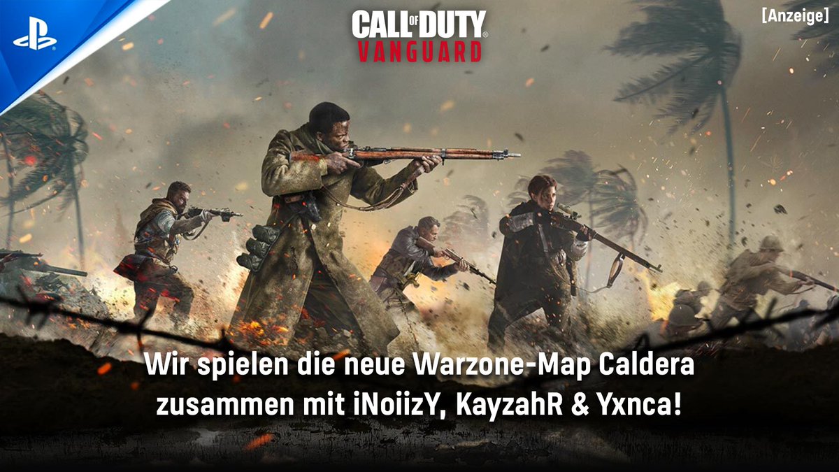 [Anzeige]
Seid live dabei: Heute um 18 Uhr spielt <a href="/HeartshotMusic/">Julius Busch</a> mit <a href="/yxnca/">Yxnca</a>, <a href="/KayzahR/">KayzahR</a> &amp; <a href="/iNoiizY/">NoiizY</a> die neue Call of Duty: Warzone-Map Caldera. 

Hier geht es zum Stream 👉 bit.ly/38fkcr7
#Vanguard #RiseOnEveryFront