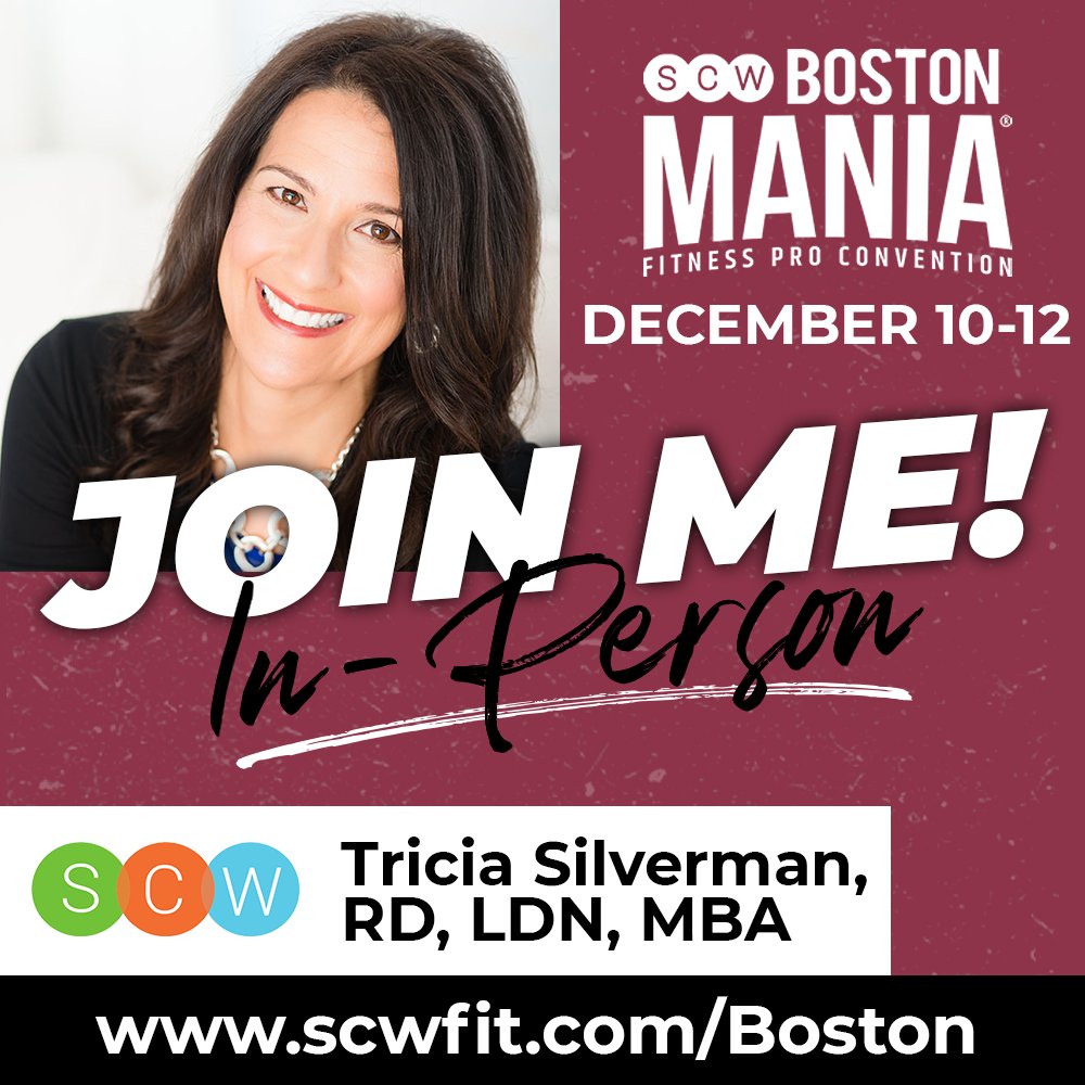 TriciaSilverman's tweet photo. JOIN ME at the @scwfitness Boston MANIA Convention, Dec. 10-12 at the Westin Waterfront! I'll be leading the Active Aging Nutrition Cert., and many nutrition sessions, as well as judging the Boston Fitness Idol competition!  Register here: https://t.co/uELJkwz3GW 
#scwmania https://t.co/LijpkKqdk2