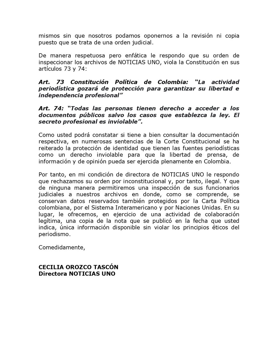 Para información adicional sobre "órdenes a la Policía Judicial" para que ese cuerpo realice "inspección" a <a href="/NoticiasUno/">Noticias Uno</a>, publico nuestra respuesta, enviada anoche, a la <a href="/FiscaliaCol/">Fiscalía Colombia</a>.