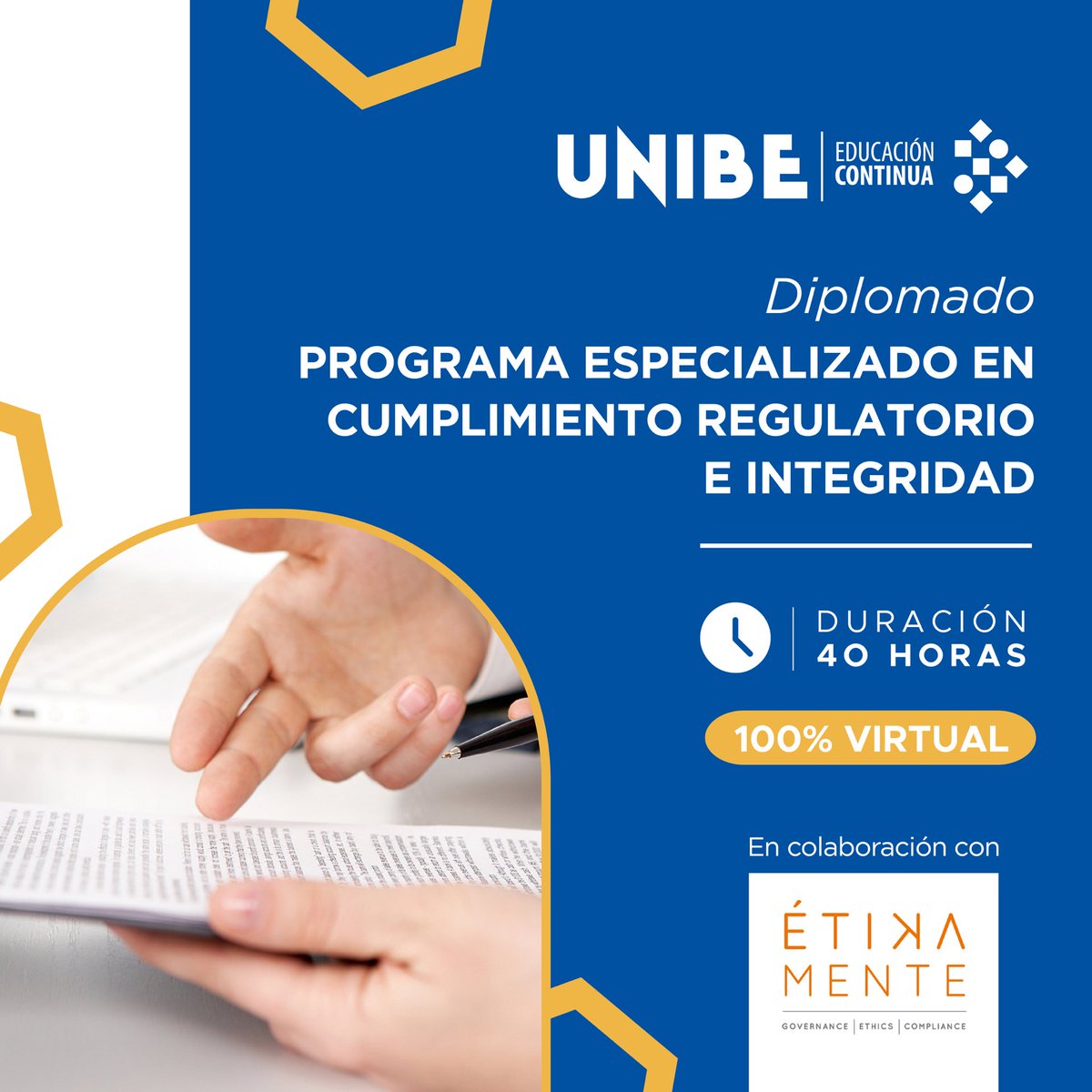 Este programa académico teórico práctico, diseñado con el objetivo que los participantes adquieran las herramientas técnicas para trabajar sobre la ética, integridad, cultura de cumplimiento.

¡Contáctanos! ⁣
📨: e.continua@unibe.edu.do⁣⁣
📞: 829-292-8555 (WhatsApp)⁣⁣