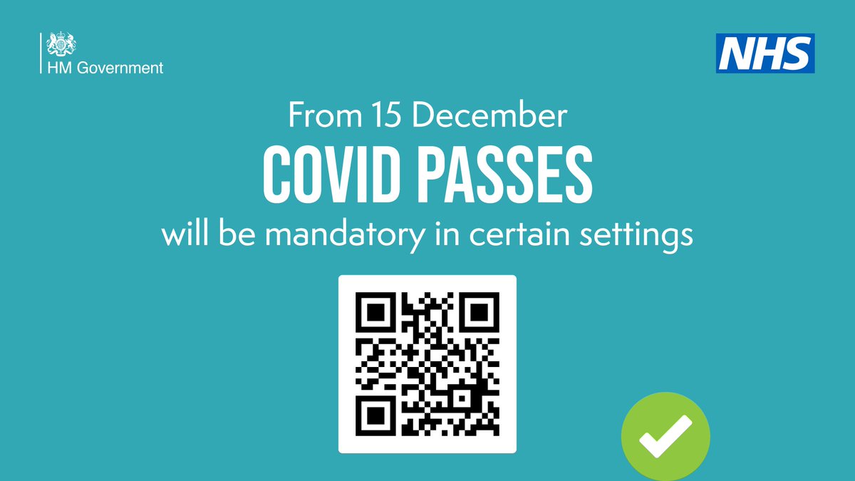NHSuk's tweet image. From 15 December:

📱 You will need to show your NHS COVID Pass to enter places where large crowds gather, like nightclubs or large sporting events.

More info ➡️ gov.uk/government/new…