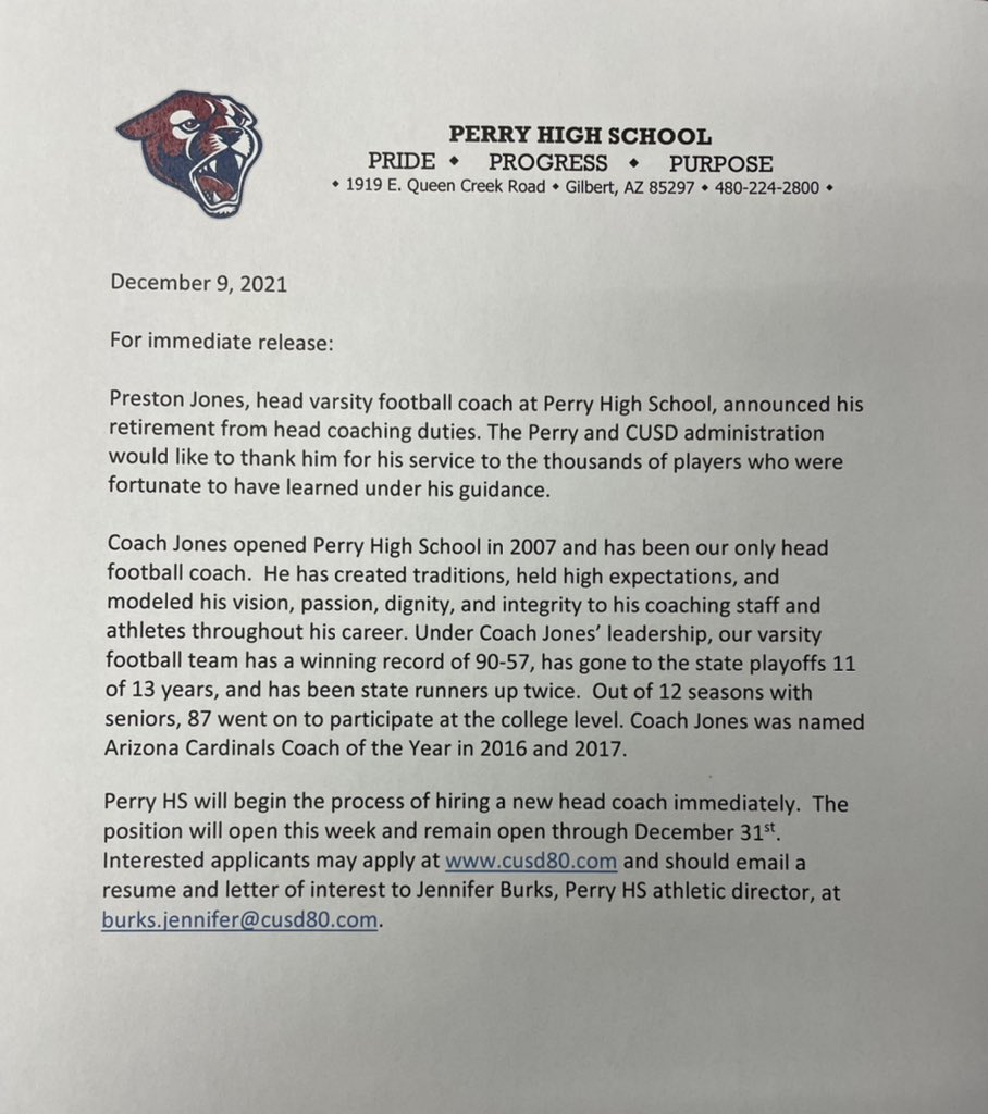 perry_pumas's tweet photo. Perry High School respectfully announces the coaching retirement of Head Football Coach Preston Jones. We thank him for all that he has accomplished as a Puma! 💙❤️

Please read the statement below for more information.
@PerryPumas07 @perrypumas @CUSDAthletics @ChandlerUnified https://t.co/YGiHKB4a06