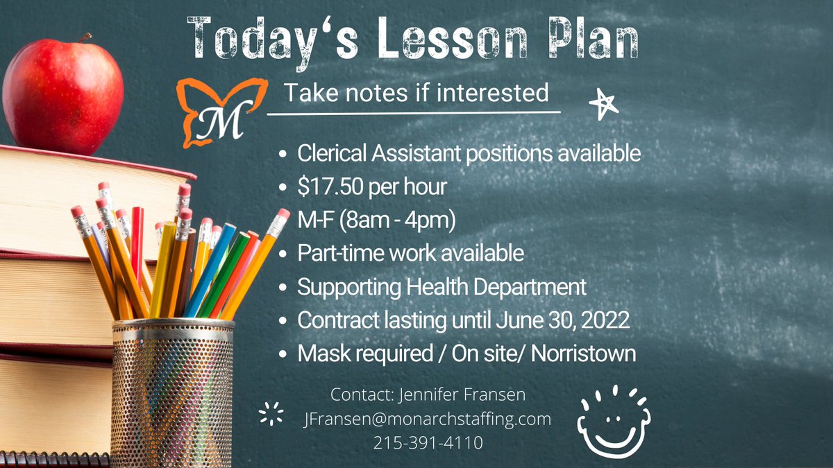New job hire alert! Looking to fill 6 full time positions! If interested, take notes from the lesson plan :)

Part-time work is also available. 

#jobopportunities #hiring #norristownpa #phillyjobshiring #phillyjobsearch #phillyjobseekers #norristownjobs