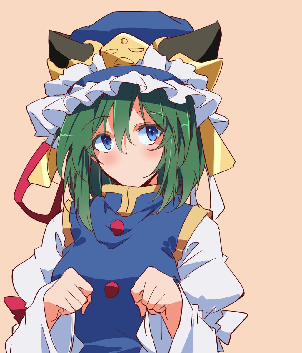 shiki eiki 1girl green hair solo hat blue eyes upper body long sleeves  illustration images