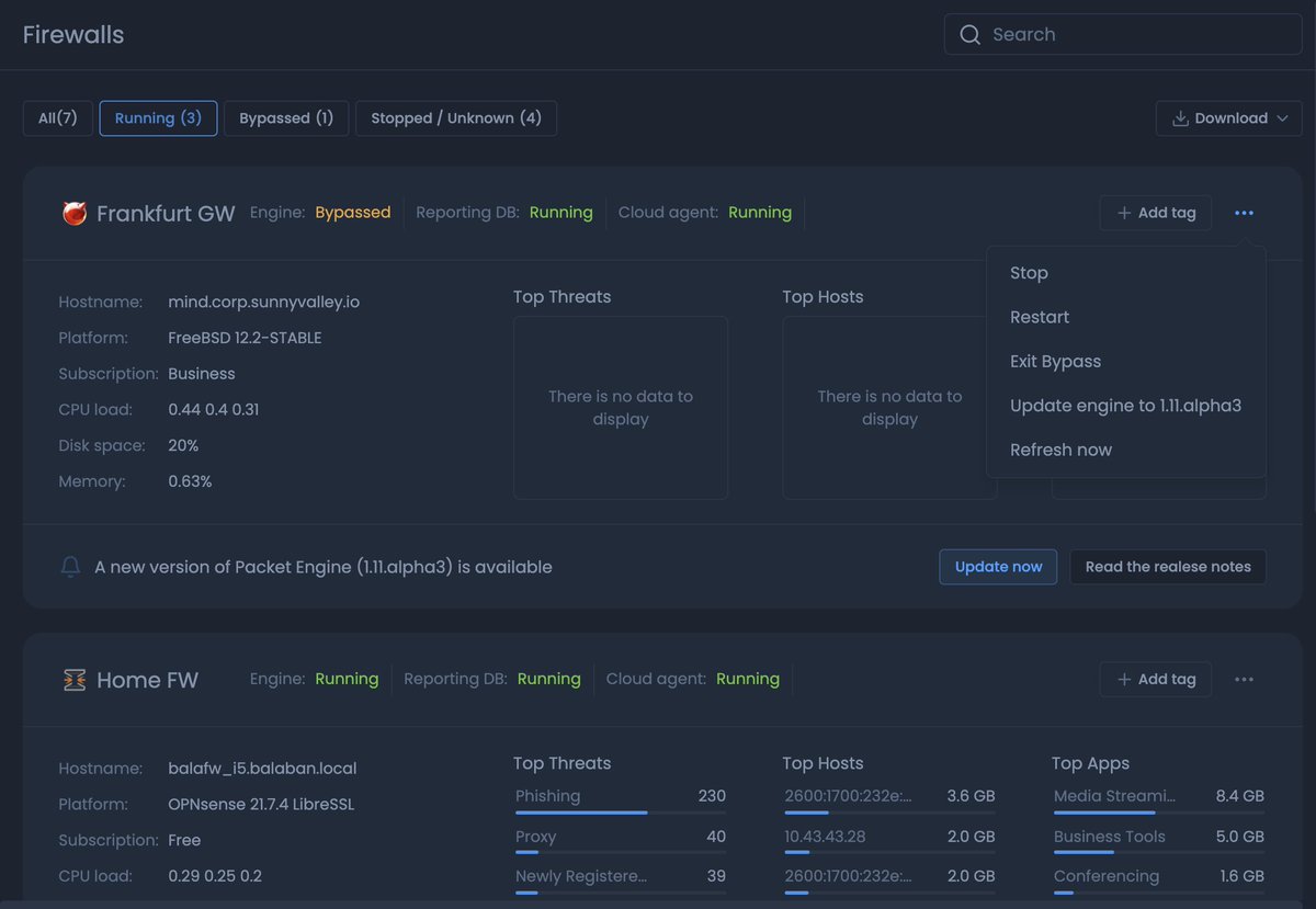 👇  #Zenarmor Tip 👇

You can easily bypass / stop / start or even update zenarmor engine from the All Firewalls Dashboard. 

With a single click!.

#Zenarmor #Advanced #Persistent #Protection #forall #furalles