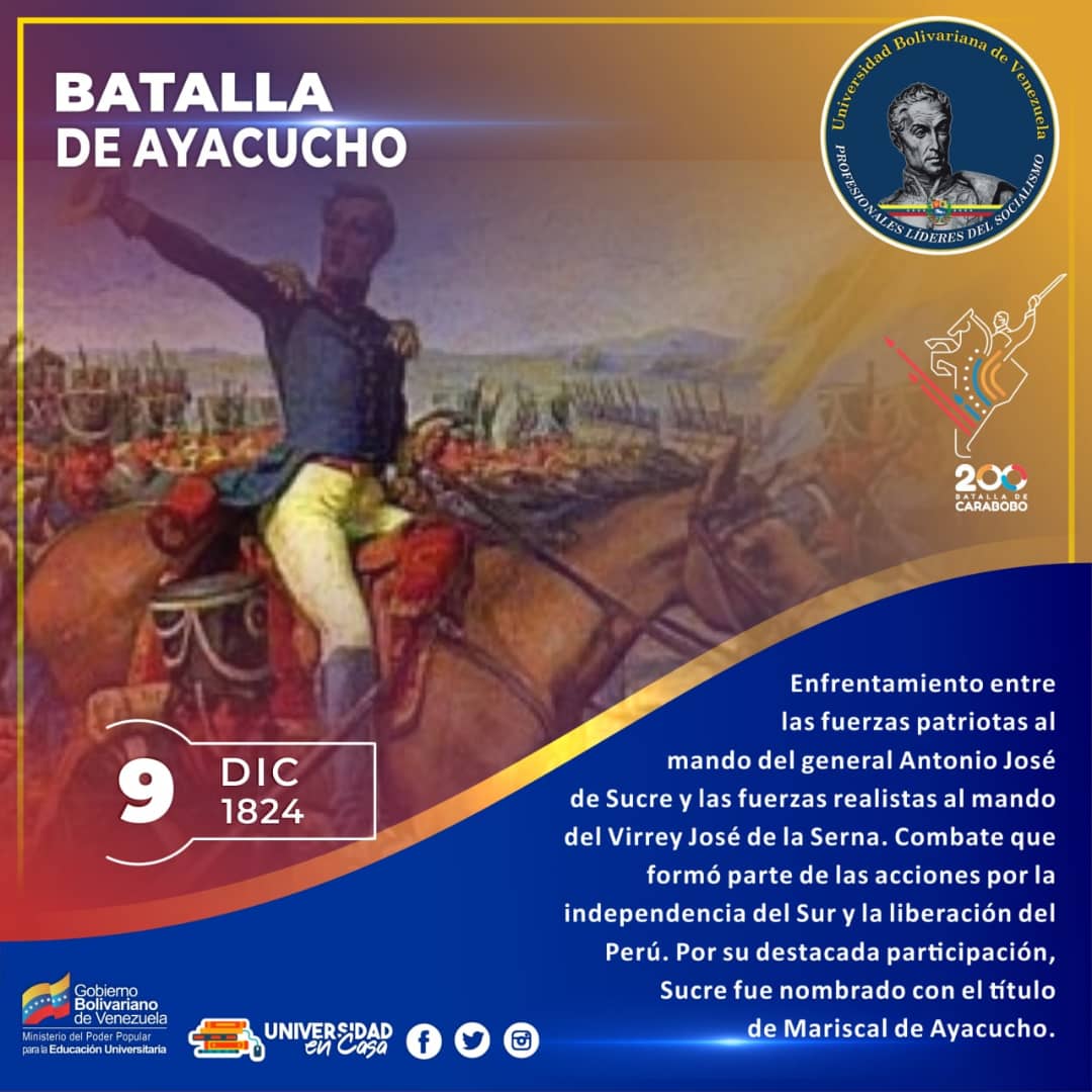 ubvaldia's tweet photo. #9Dic Batalla de Ayacucho | Entre las fuerzas patriotas al mando del General Antonio José de Sucre y las fuerzas realistas al mando del Virrey José de la Serna. Por su destacada participación, Sucre fue nombrado con el título de Gran Mariscal de Ayacucho
#VenezuelaEnVictoria https://t.co/AUIAXqNr9o