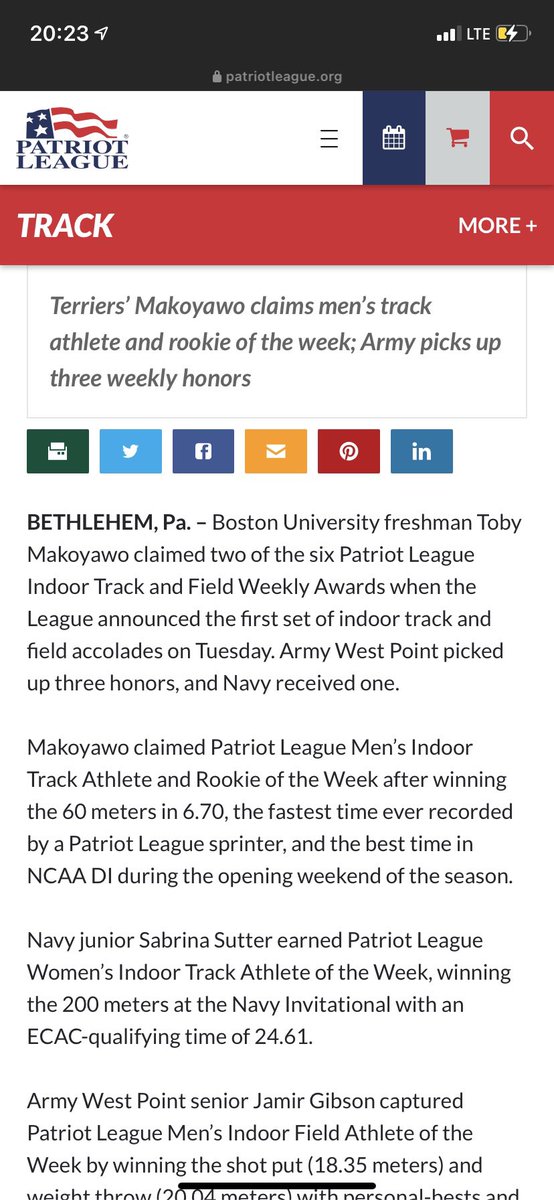 Glad to be awarded rookie of the week and track athlete of the week by the <a href="/PatriotLeague/">Patriot League</a> ❤️🙏🏾