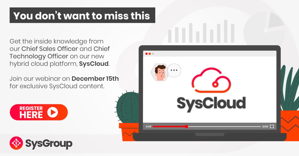 SysGroupPLC's tweet photo. 🚨 You don't want to miss this!
📆 Join us on December 15th to learn more about our enterprise hybrid cloud platform, SysCloud. Register your interest here 👉 https://t.co/JXoBXk06Lh
#SysCloud #Cloud https://t.co/SWIIRTyIY1