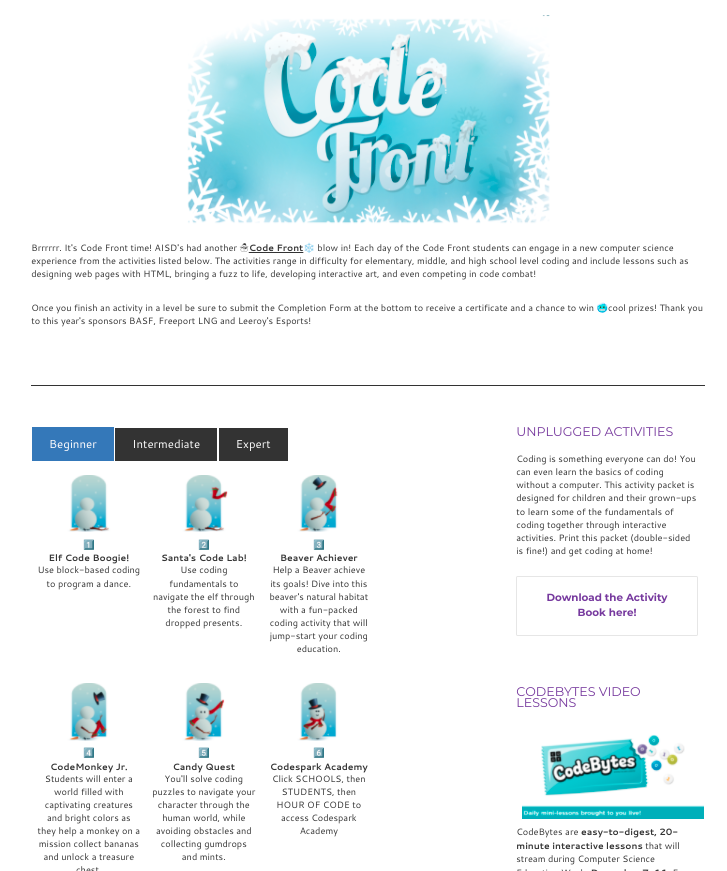 AndrewEDUTX's tweet photo. It's warm in Texas today but @AngletonISD students are keeping nice and *code* this Decembrrrrrr in the #Codefront! Over 30 curated activities to develop computational thinking (and win prizes!) at https://t.co/JFaFaj8j2d https://t.co/SgUuTMxQiI