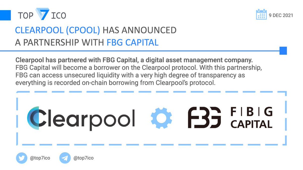 top7ico's tweet photo. Clearpool $CPOOL has announced a partnership with FBG Capital 

Clearpool has partnered with FBG Capital, a digital asset management company. @FBGCapital will become a borrower on the @ClearpoolFin protocol.

👉 https://t.co/WqwzyxKTOh https://t.co/E7NX8QjATr