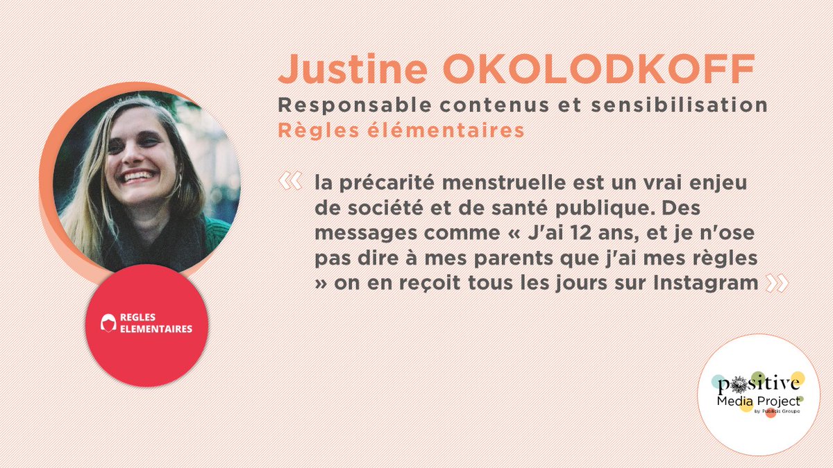 PublicisMediaFr's tweet photo. 🚀Cycle 2 du #PositiveMediaProject par @PublicisMediaFr : #pitchs par des acteurs inspirants 🌍 5ème pitch : @RElementaires est la première #association française de #lutte contre la #précaritémenstruelle pour #changerlesregles https://t.co/ojapwdoDAT