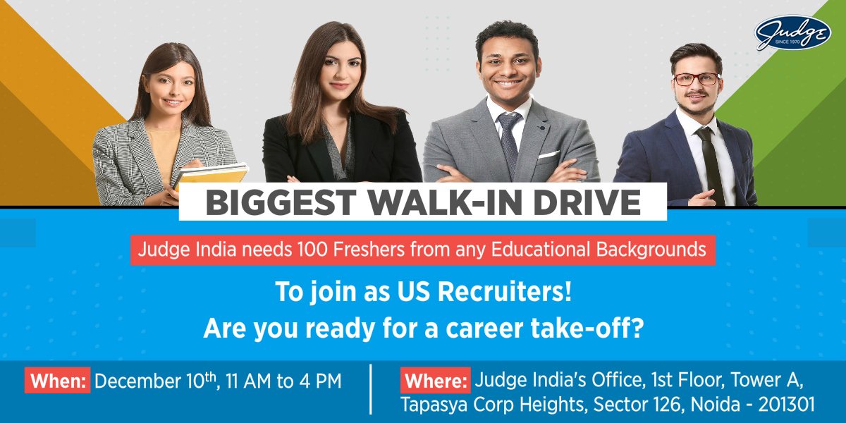 Judge_India's tweet image. #WalkinDrive
We are always looking for talented, energetic, and motivated individuals to join our team. At Judge, we are proud to promote diversity and inclusion. We encourage Freshers from all educational backgrounds to apply! Register here, now: bit.ly/2ZEcRAK