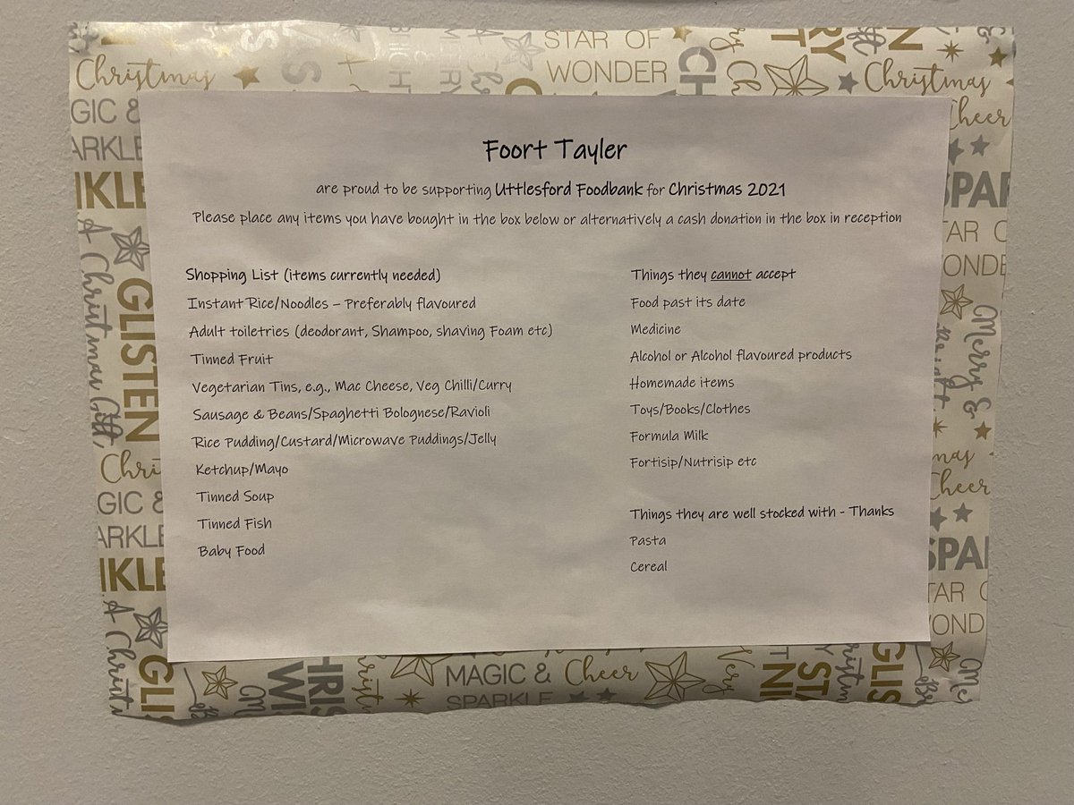Here at Foort Tayler we are proud to have contributed to Uttlesford Foodbank again this Xmas. The contributions will provide vital support to many families over the Christmas period and we are delighted to have helped. <a href="/Uttlesfordfb/">Uttlesford Foodbank</a> #charity #foodbank