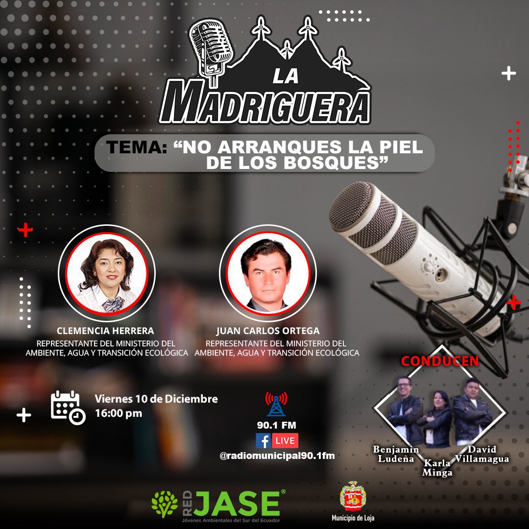 REDJASEec's tweet photo. 🎙𝐋𝐀 𝐌𝐀𝐃𝐑𝐈𝐆𝐔𝐄𝐑𝐀
Esta semana abordaremos el tema "¡No arranques la piel de los bosques!", con el objetivo de conocer porque se implementa esta campaña, que sanciones existen y que alternativas pueden realizar para evitar destriur los ecosistemas.

#LaMadriguera https://t.co/arV27R0fof