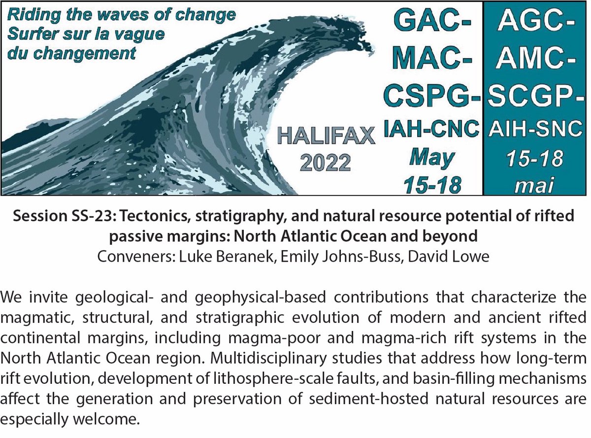 BeranekGroup's tweet photo. Dear friends, please consider submitting an abstract to #GACMAC2022 session SS-23: Tectonics, stratigraphy, and natural resource potential of rifted passive margins: North Atlantic Ocean and beyond. Abstract submission is now open (https://t.co/G0feiDi8S5) https://t.co/aZrBMF2ozr