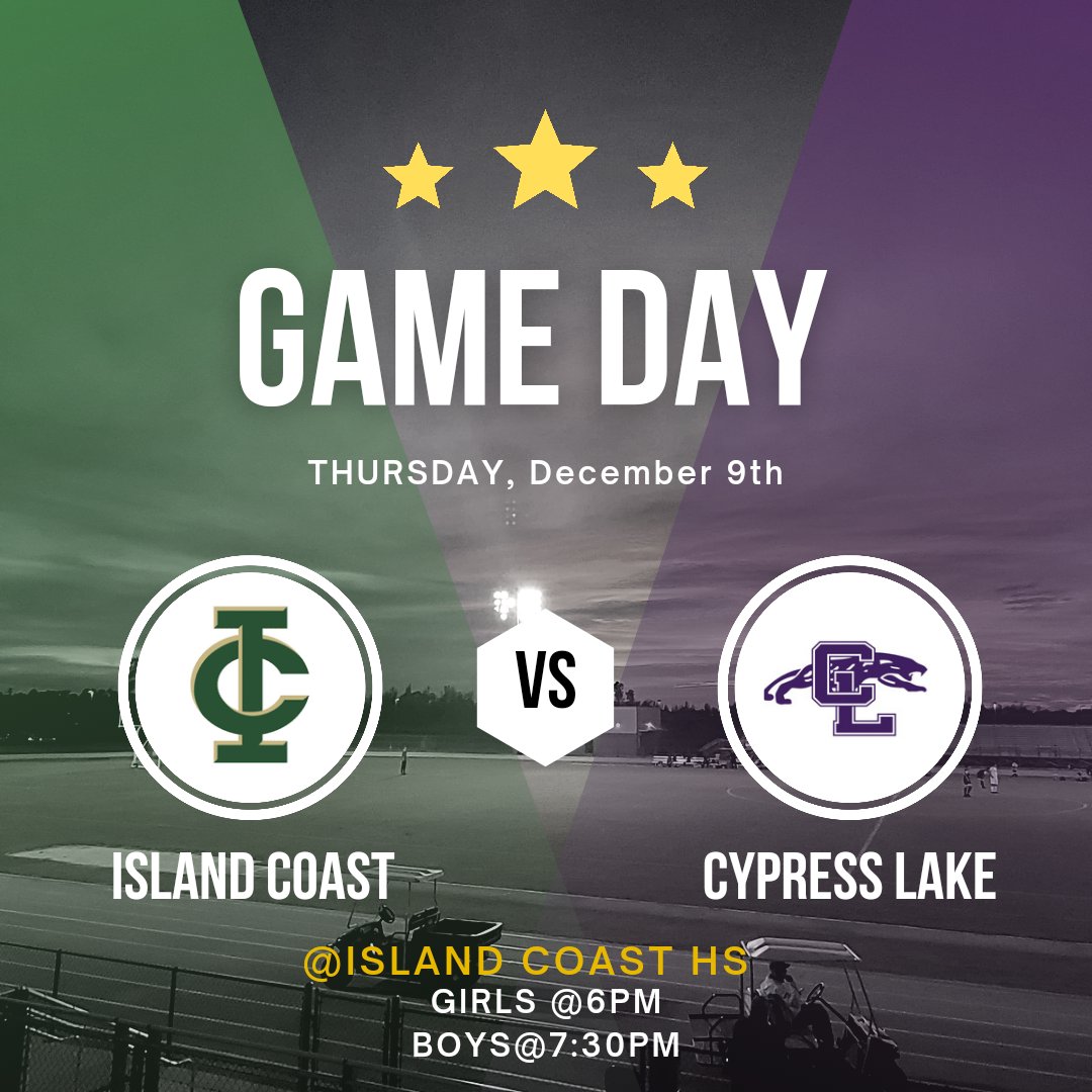 ⚽️⚽️⚽️⚽️⚽️⚽️⚽️⚽️⚽️⚽️⚽️

🐊Game Day!⚽️
 
🆚 Cypress Lake HS
📆  THURSDAY 12/9/2021
📍  <a href="/ichighschool/">Island Coast High</a>
⏰  Girls @ 6:00 PM
       Boys @ 7:30 PM
<a href="/ICHSBoysSoccer/">Island Coast Boys Soccer 🐊⚽️</a>
@IslandCoastAD1