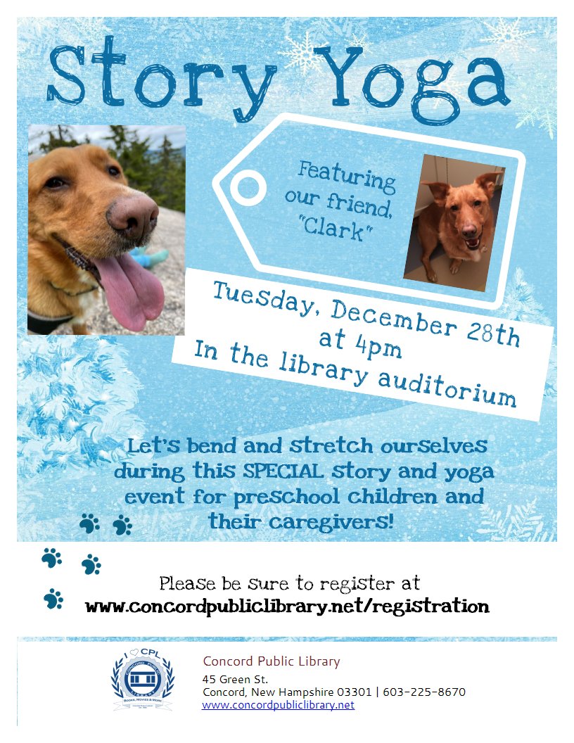 In New Hampshire, <a href="/ConcordNHLib/">Concord NH Library</a> invites you to "Story Yoga" with a Library Dog! How cool is this?!? This family program is for preschool children and their caregivers. patch.com/new-hampshire/…