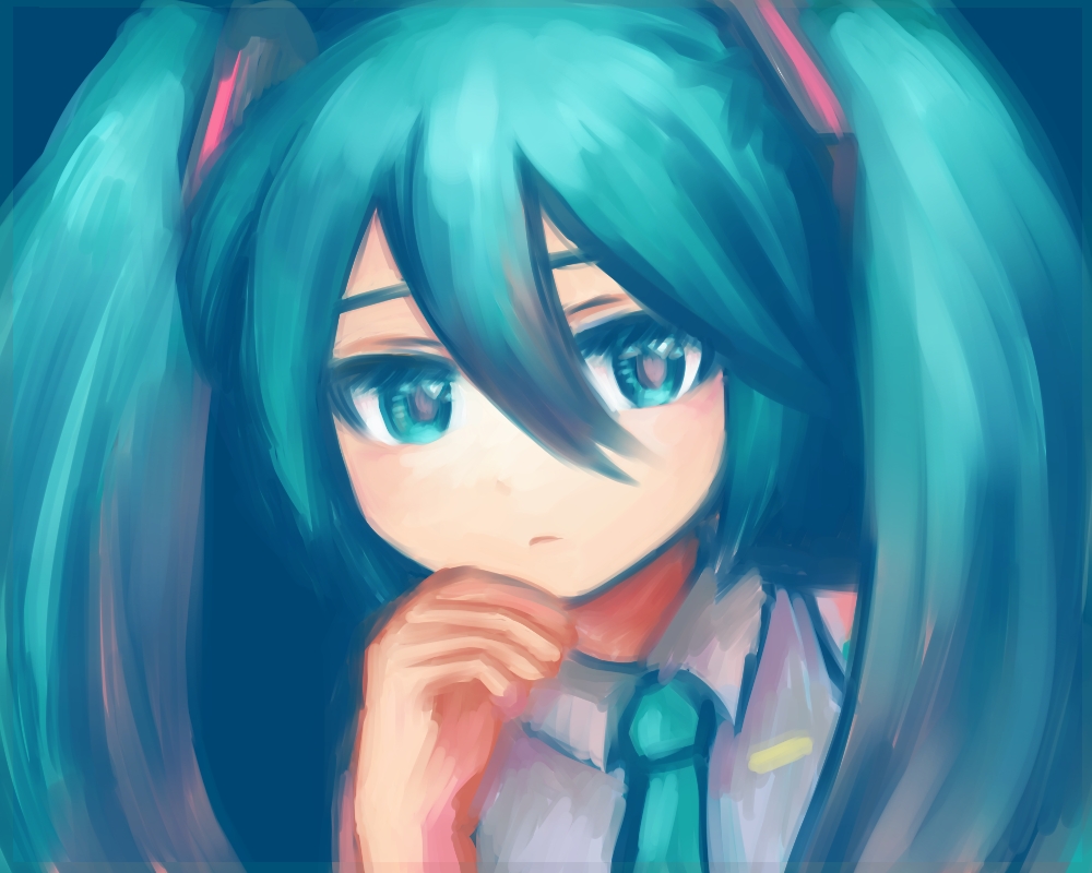 hatsune miku 1girl solo twintails long hair necktie hand on own chin aqua hair  illustration images