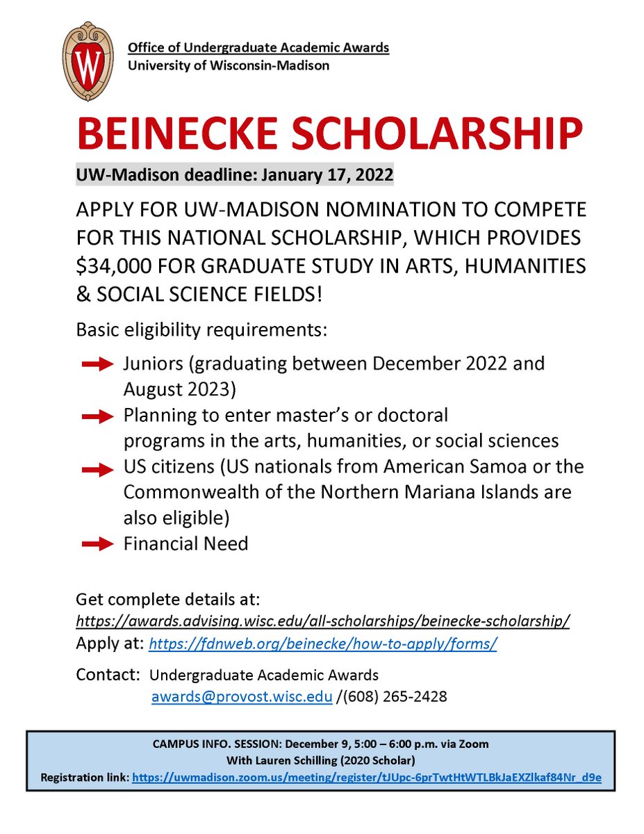 UWMadisonAwards's tweet photo. Are you a Jr. in the humanities or social sciences engaged in research? You may be interested in the Beinecke Scholarship. Campus Info. Session TONIGHT
December 9 5:00 - 6:00pm Register HERE:
https://t.co/gLz1M0tDNy https://t.co/aATYMfUyT8