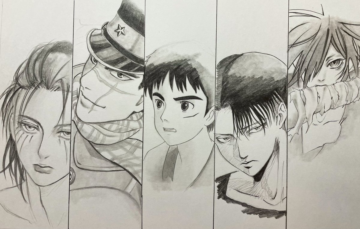 イケメンズ 鉛筆ラフ画✏️ #模写 #エレン #杉元 #アシタカ #リヴァイ #百鬼丸