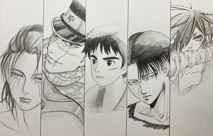 イケメンズ 鉛筆ラフ画✏️ #模写 #エレン #杉元 #アシタカ #リヴァイ #百鬼丸