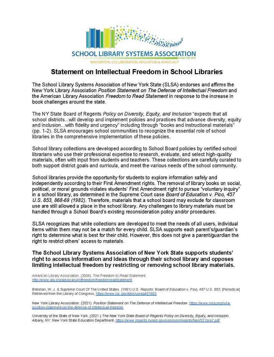SLSA_NYS's tweet photo. Please see the attached 12-9-2021 statement on Intellectual Freedom from the School Library Systems Association of NY, comprised of School Library System Directors from the BOCES and BIG 5. 
Please share it with your networks and contacts. https://t.co/7g4NnXMkVt