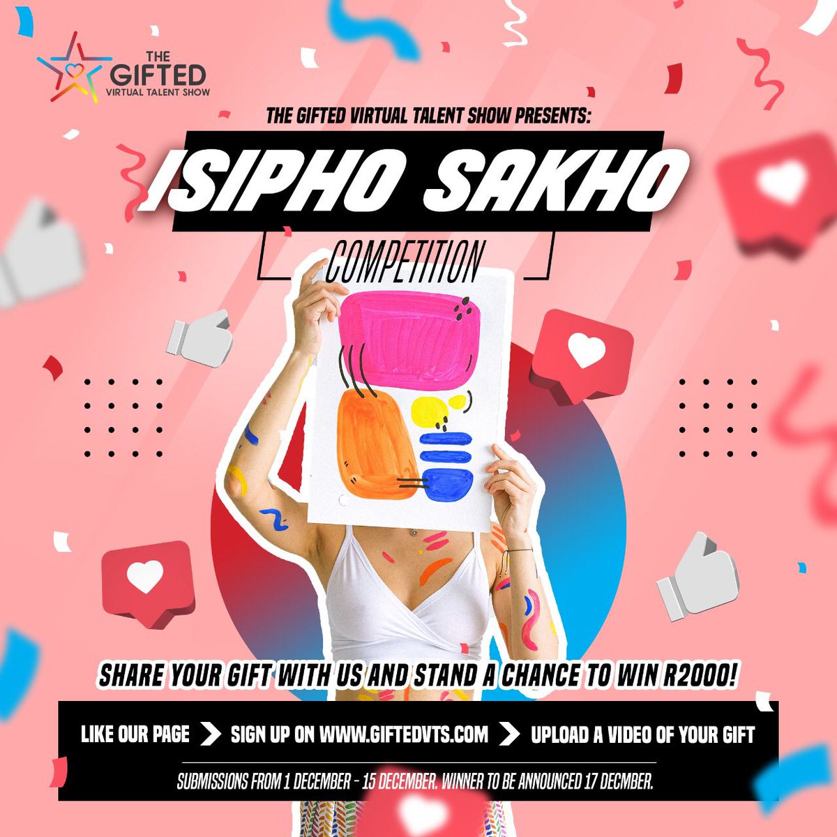 thegiftedvts's tweet photo. The Gifted VTS is taking off with an exciting new competition. Isipho Sakho Competition is a talent show which encourages all Gifted individuals to submit a video of their gift to stand a chance to win R2000 cash!

Signup here to enter:
https://t.co/VbuOKT6vEM https://t.co/dxLnJNJNR2
