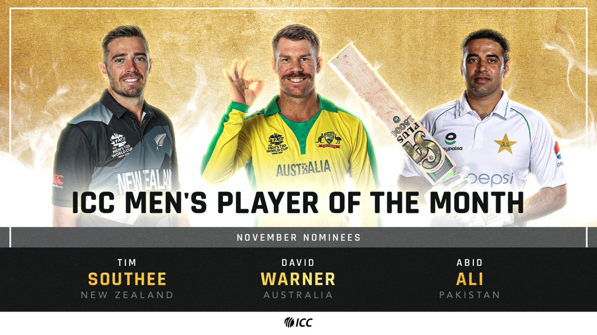 🇵🇰 Abid Ali
🇦🇺 David Warner
🇳🇿 Tim Southee

Who gets your vote for the ICC Men’s #POTM for November 2021?

🗳️ bit.ly/POTM-Mens