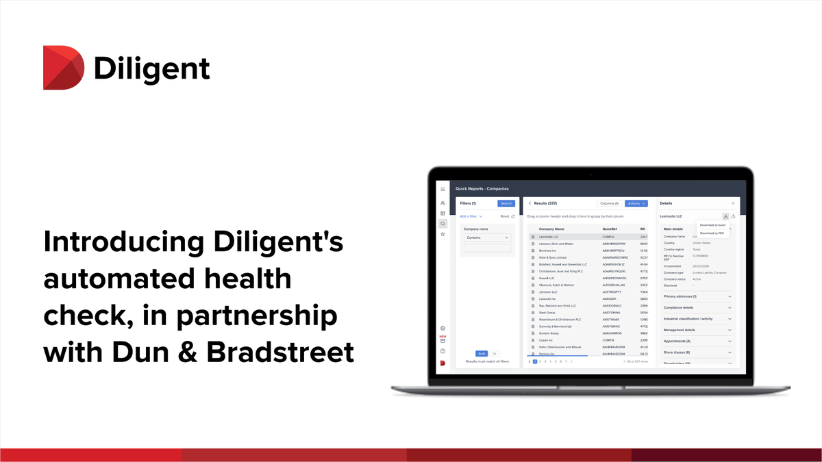 diligentHQ's tweet image. Announcing Diligent’s company health check, powered by Dun &amp;amp; Bradstreet within our Entity &amp;amp; Subsidiary Management solution. Organizations can now easily verify if their entity data matches what has been filed across global jurisdictions: bit.ly/3350fE6 #entitydata