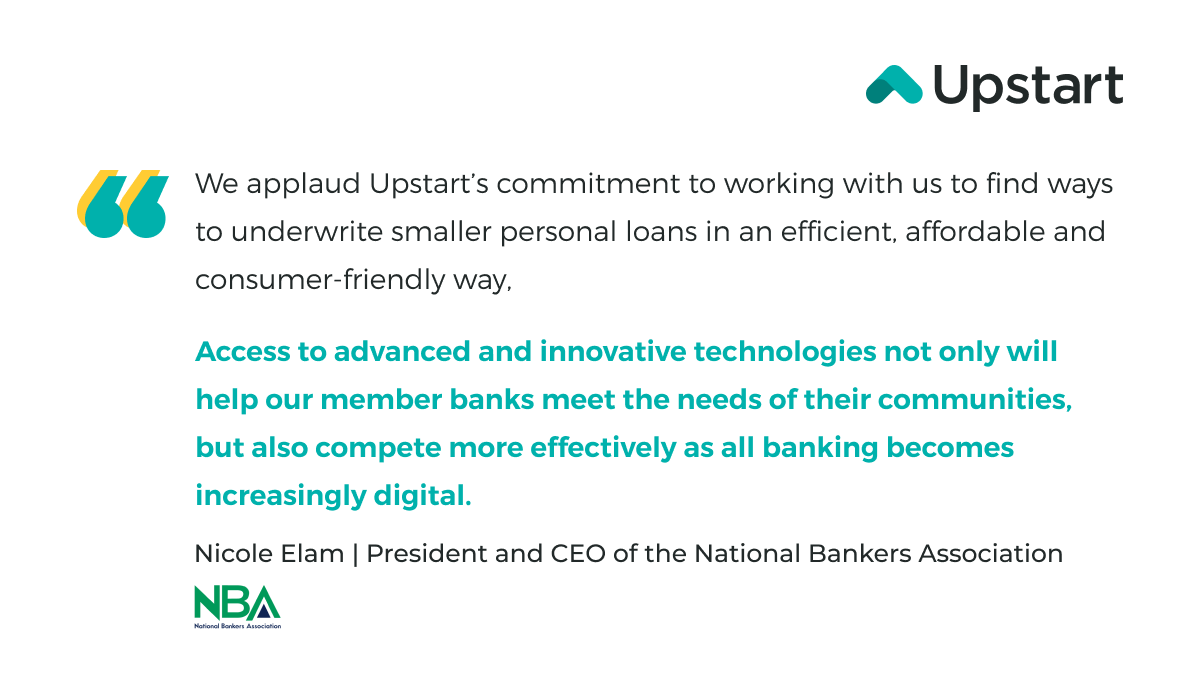Upstart (@upstart) on Twitter photo We’re thrilled about our new partnership w/ the <a href="/NatBankers1927/">National Bankers Association</a> to improve access to credit. NBA represents the nation’s minority-owned depository institutions (MDIs) that enable economic mobility in diverse communities. The first NBA member bank to partner w/ us is <a href="/BankOptus/">Optus Bank</a>. We’re thrilled about our new partnership w/ the <a href="/NatBankers1927/">National Bankers Association</a> to improve access to credit. NBA represents the nation’s minority-owned depository institutions (MDIs) that enable economic mobility in diverse communities. The first NBA member bank to partner w/ us is <a href="/BankOptus/">Optus Bank</a>.